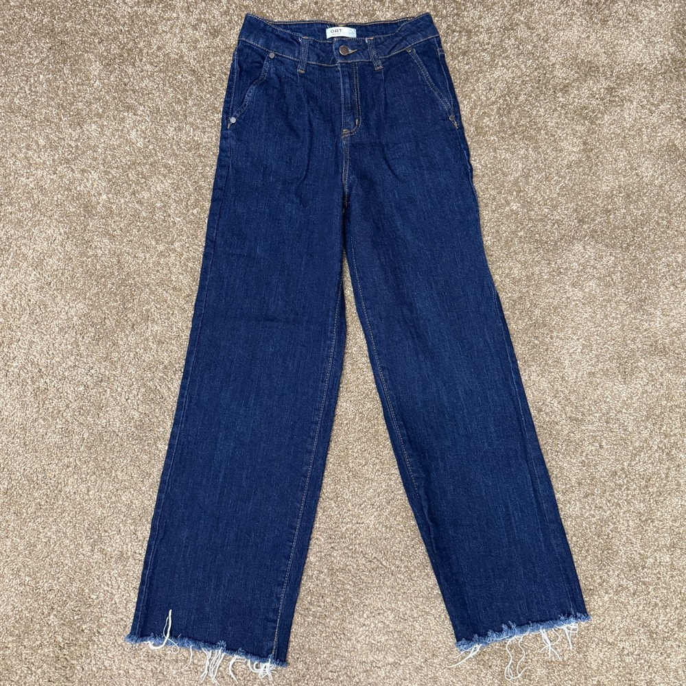 OAT New York Wide Leg Jeans Womens 2/26 Blue Cotton Stretch High Rise Frayed Hem